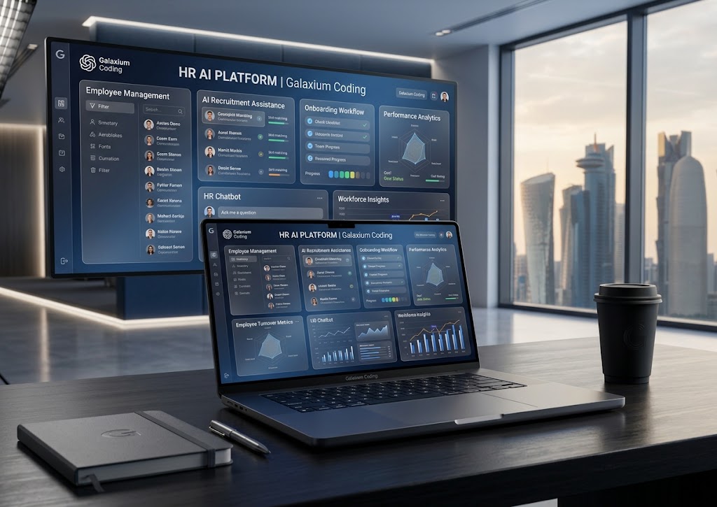 AI-powered human resources dashboard on a laptop showing employee management, recruitment, performance analytics and HR automation.