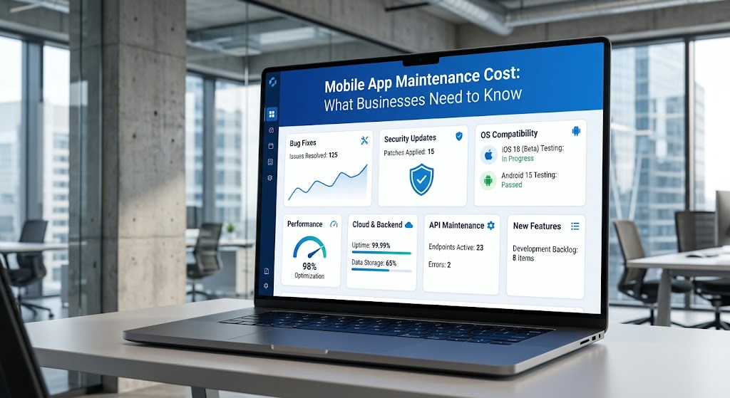 Mobile app maintenance cost dashboard showing security, bug fixes, operating-system updates, API maintenance and performance management.