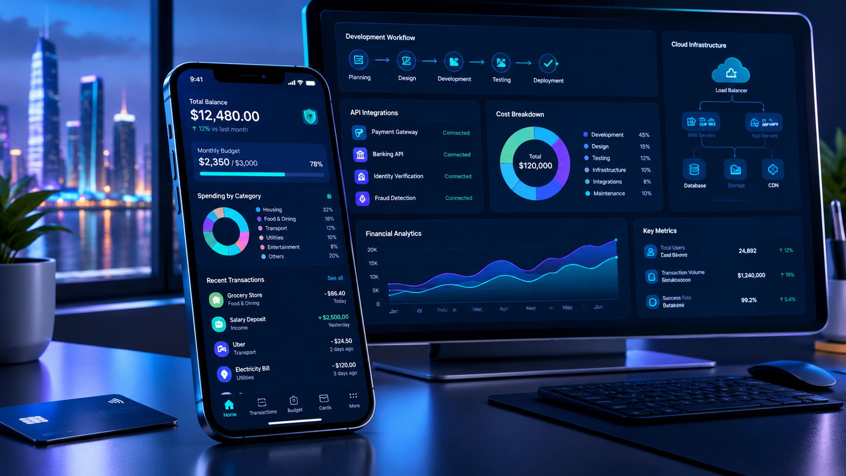 Finance app development dashboard showing financial analytics, expense tracking, payment features, and development cost planning.