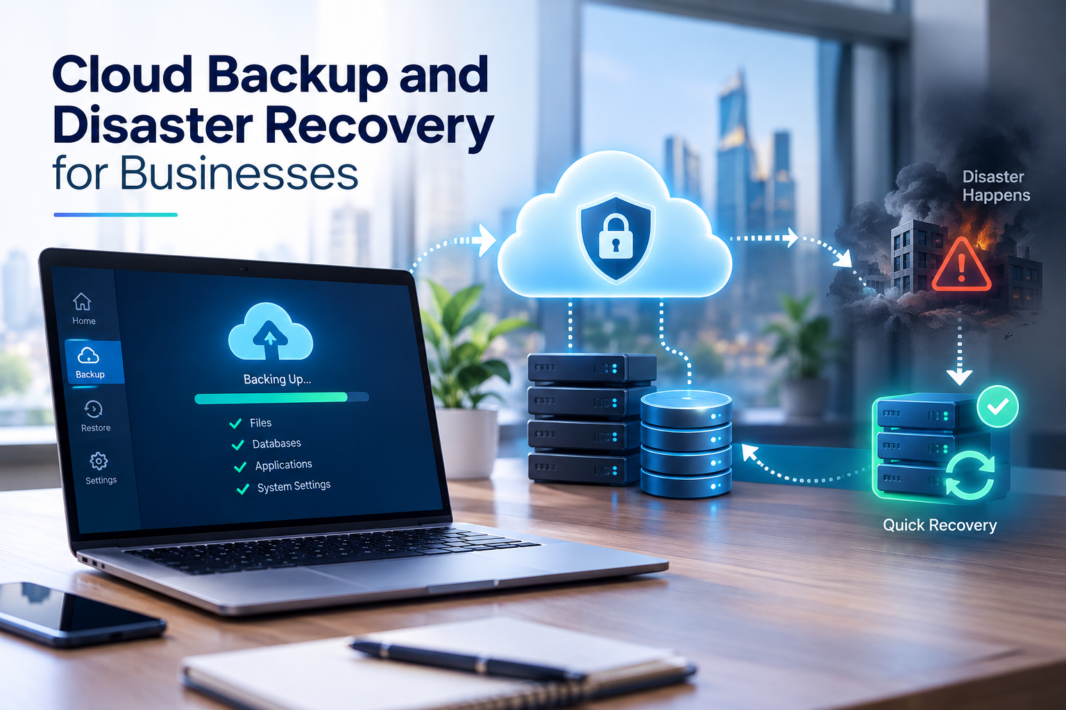 Cloud backup and disaster recovery for businesses, featuring secure cloud storage, backup servers, and rapid system recovery.