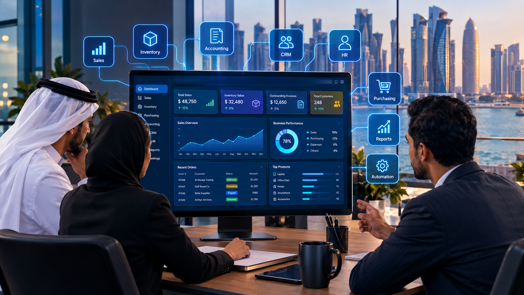 ERP software dashboard for small businesses in Qatar showing sales, inventory, accounting, CRM and business management modules