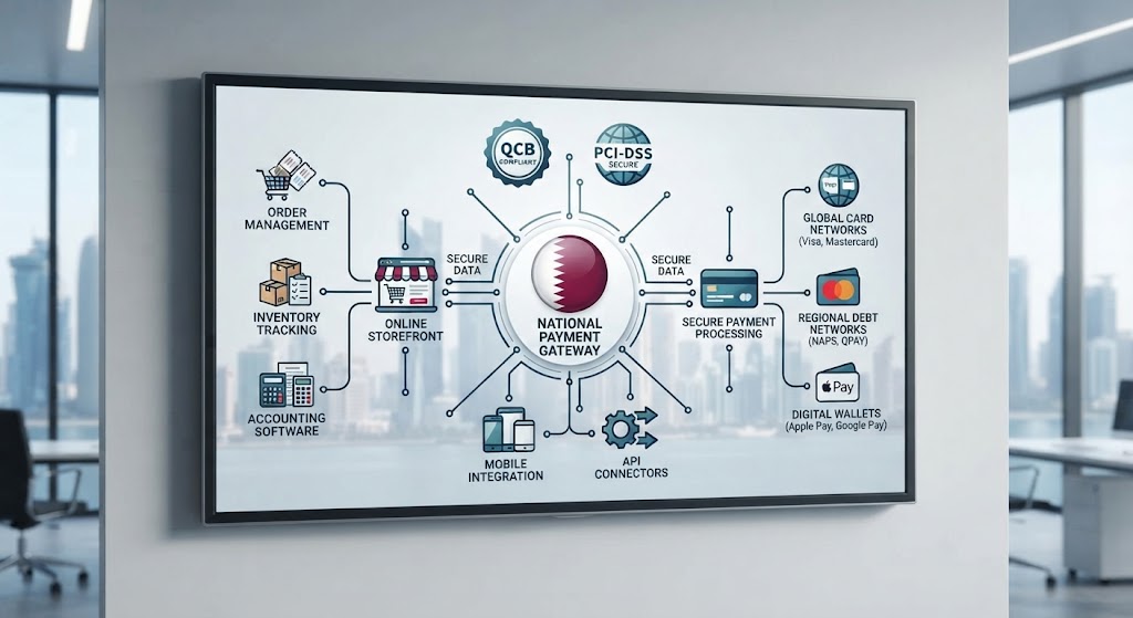 E-commerce payment gateway integration connecting an online store with payment, order, inventory, accounting and business systems in Qatar.