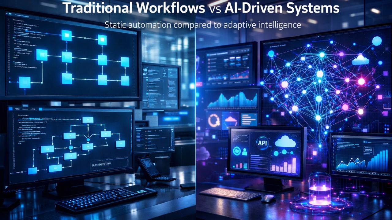 AI workflow automation and traditional rule-based automation connected to business applications and workflow dashboards.
