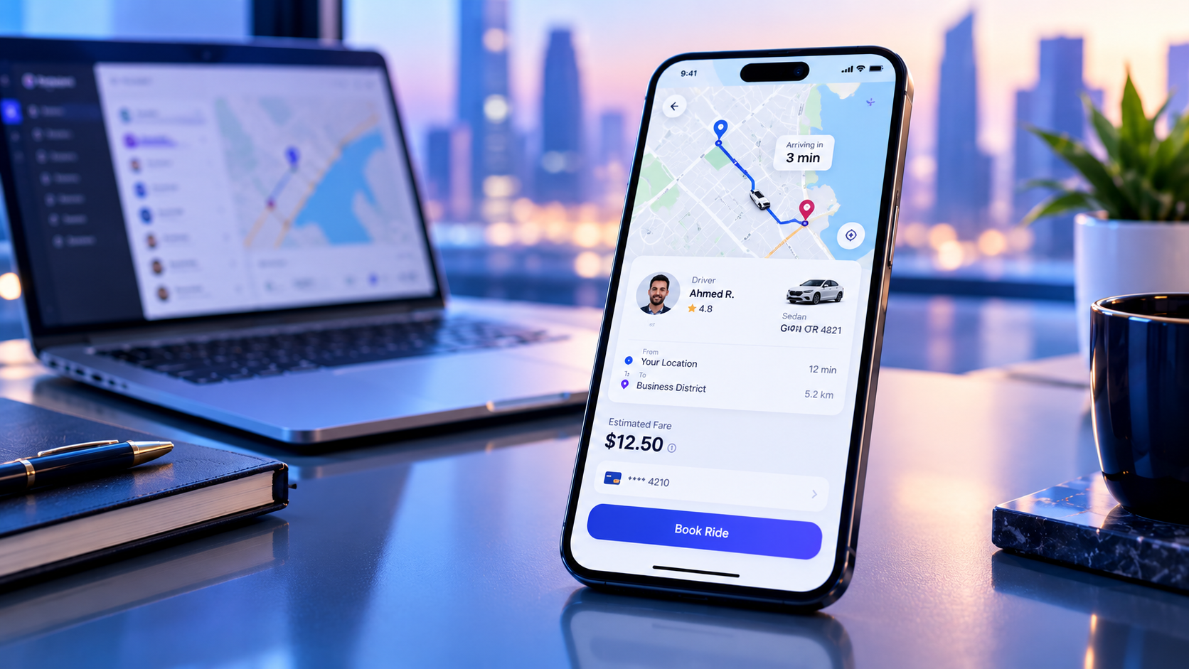 Smartphone displaying a modern taxi booking app with fare estimates, driver details, and GPS tracking.