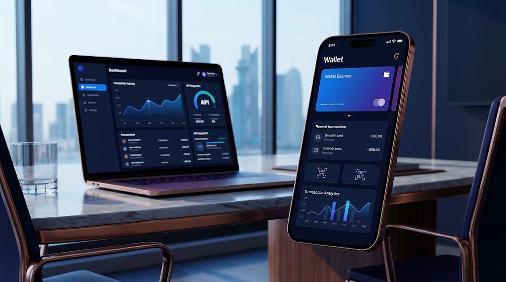 Smartphone displaying a digital wallet application with payment transactions and a secure financial technology dashboard.