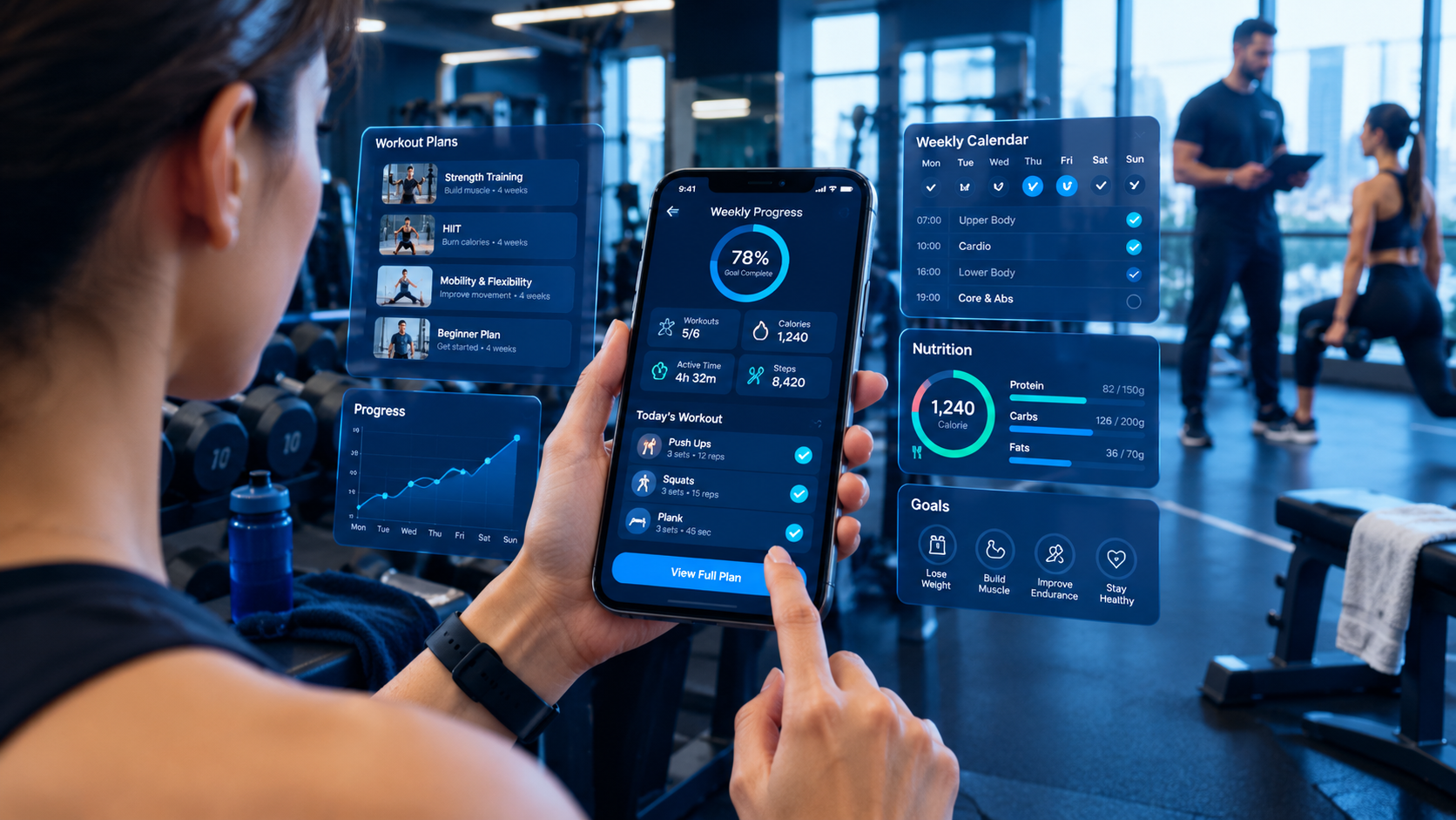 Person comparing gym apps on a smartphone with workout plans and fitness progress tracking in a modern gym.