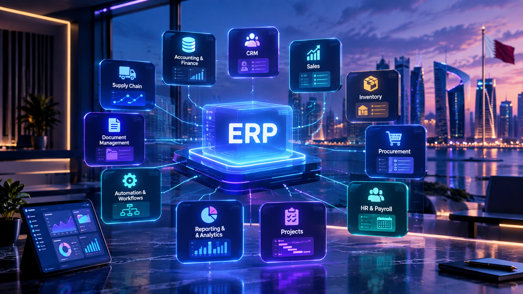 Futuristic ERP system connecting accounting, CRM, inventory, HR, procurement and business analytics modules.