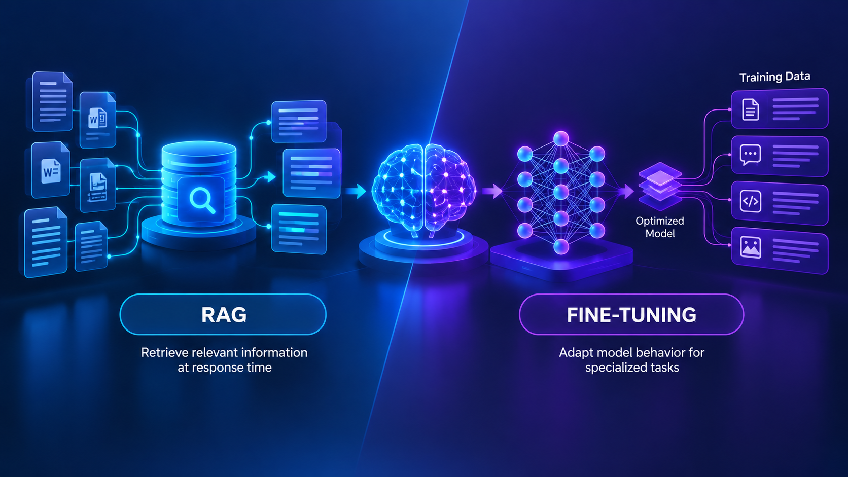 RAG vs fine-tuning comparison showing AI knowledge retrieval and model training architectures.
