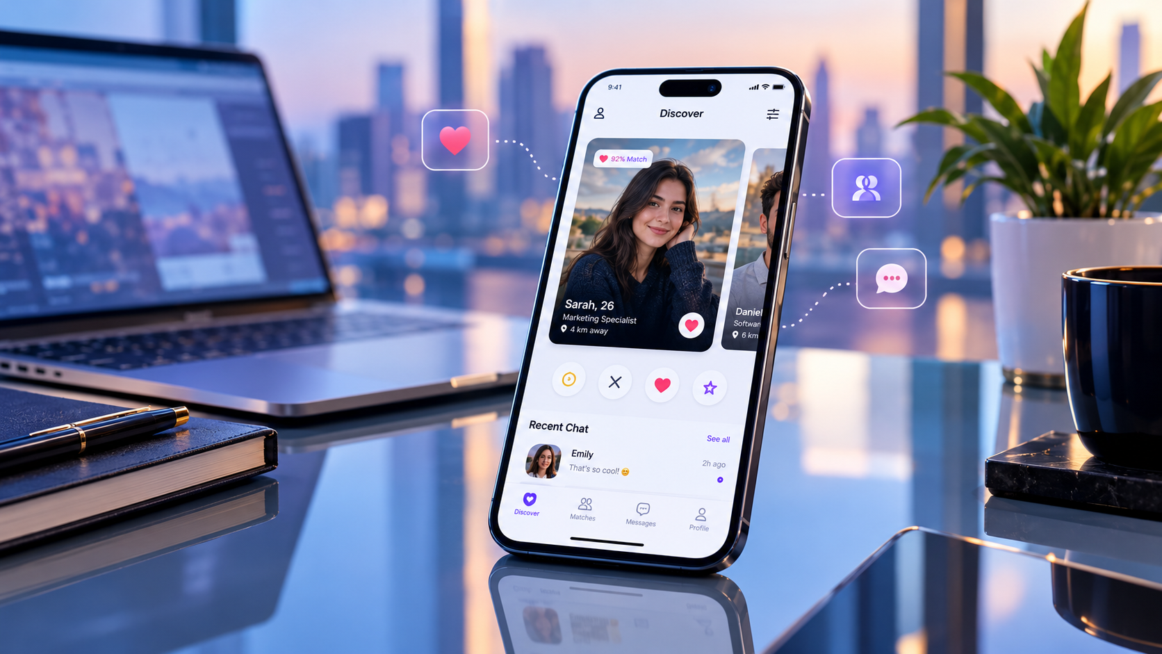 Smartphone displaying a modern dating app interface with profile cards and matching features in 2026.