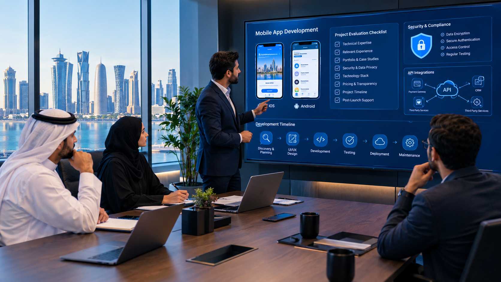 Business team evaluating mobile app development companies in Qatar using app designs, technology plans, and project checklists.