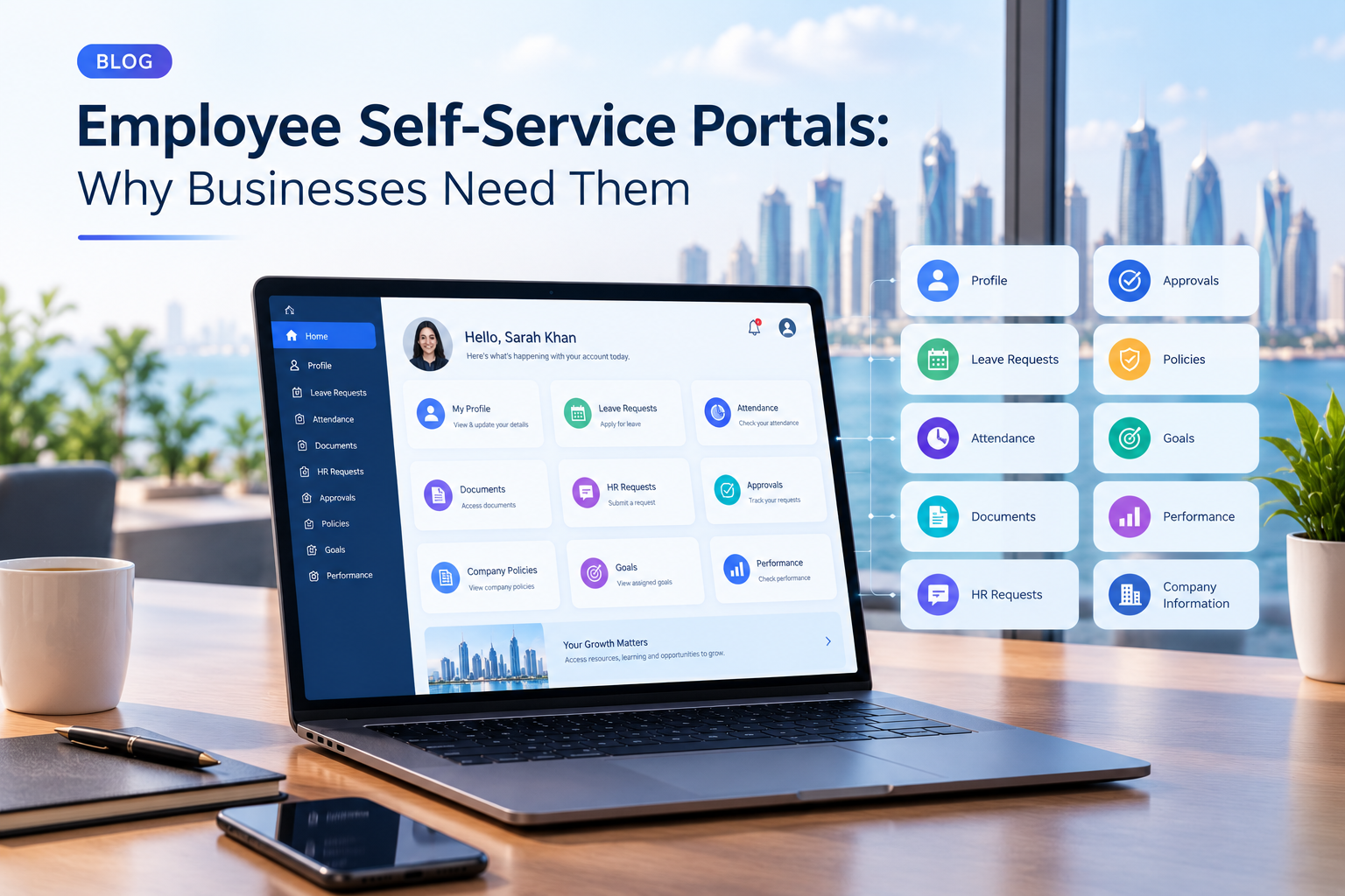 Employee using an employee self-service portal to manage HR requests, leave, attendance, documents and performance information