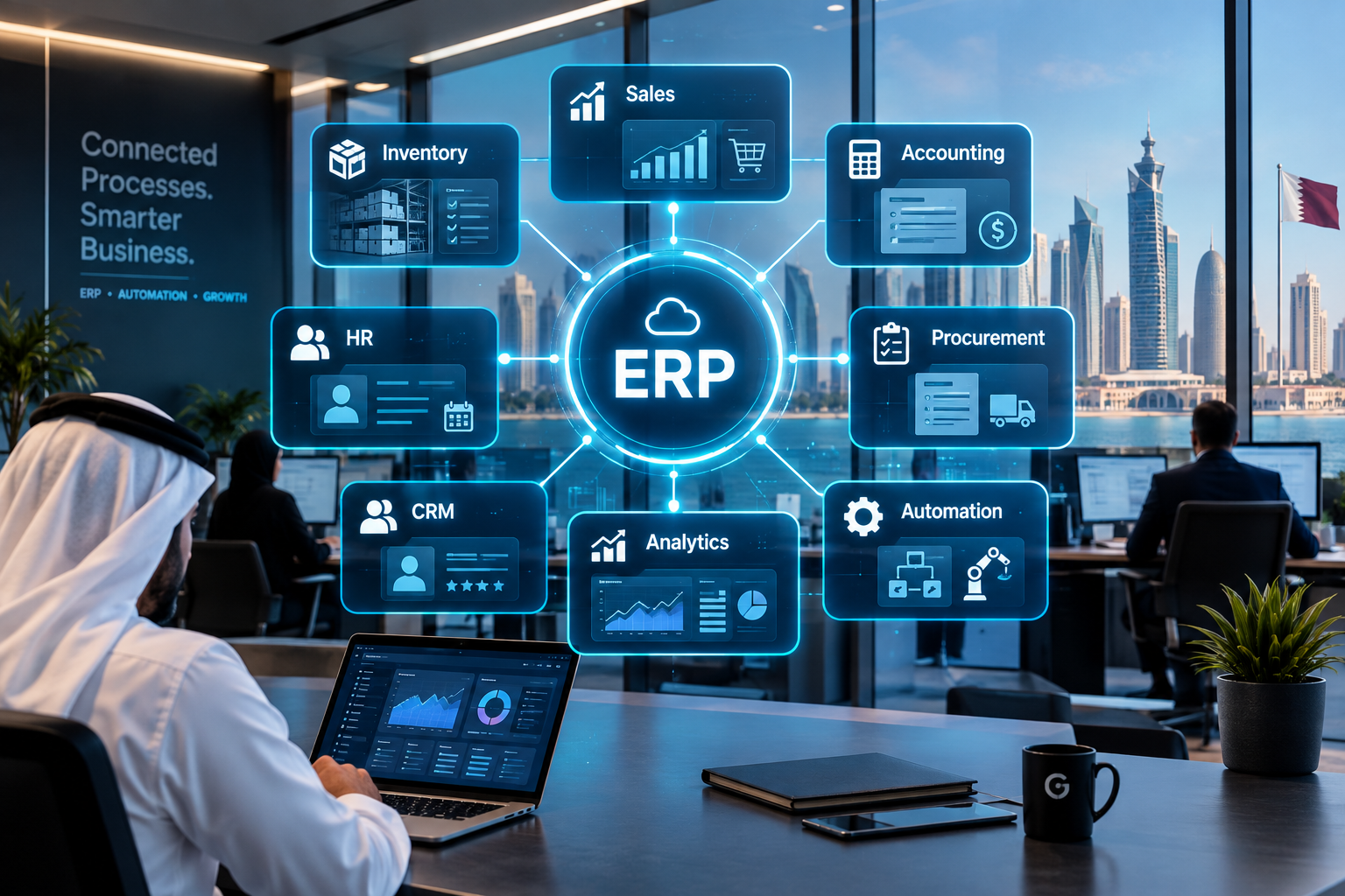 ERP software connecting sales inventory accounting HR and business automation workflows