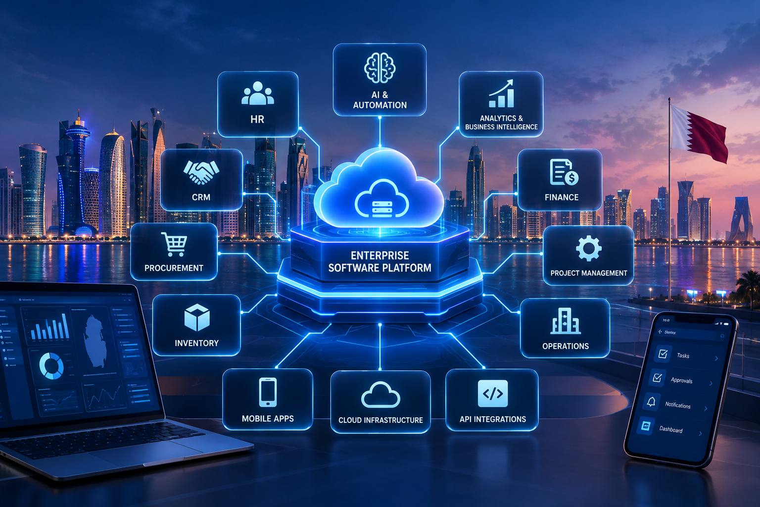 Enterprise software development platform connecting ERP, CRM, AI, cloud, mobile and business systems in Qatar