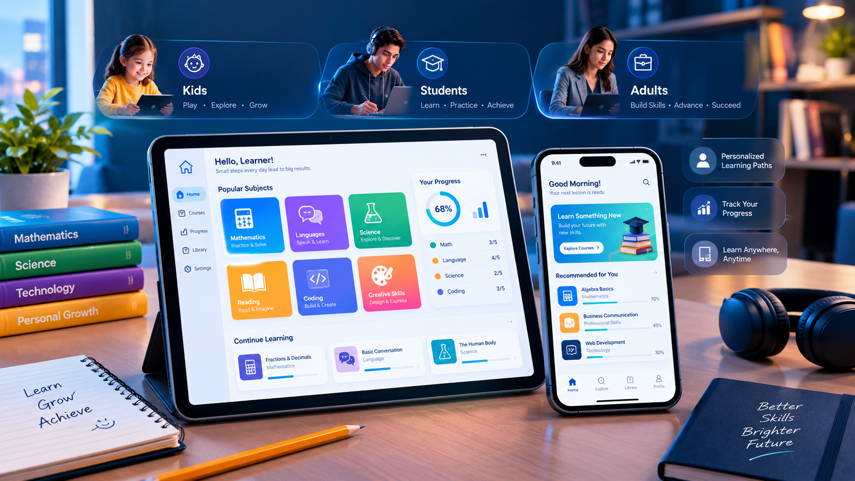 Tablet and smartphone displaying digital learning activities for children, students, and adults.