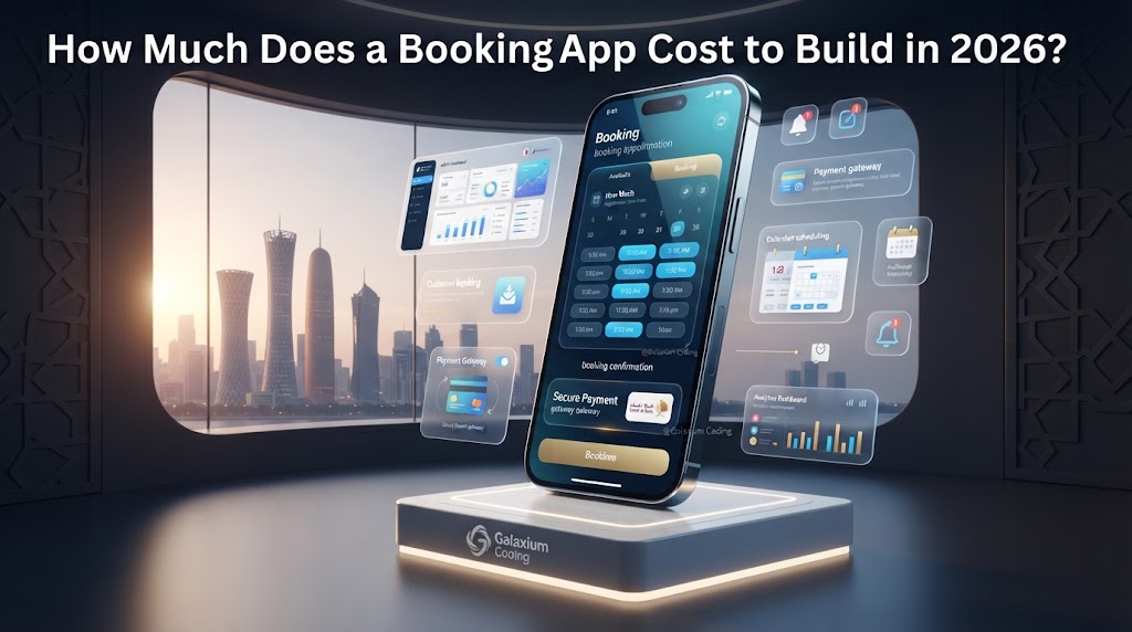 Booking app displayed on a smartphone with calendar, appointment scheduling, payment and business dashboard interfaces.