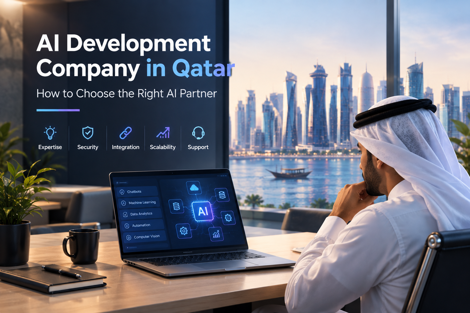 AI development company in Qatar helping businesses evaluate AI expertise, security, integration, scalability, and technology partnerships in Doha.