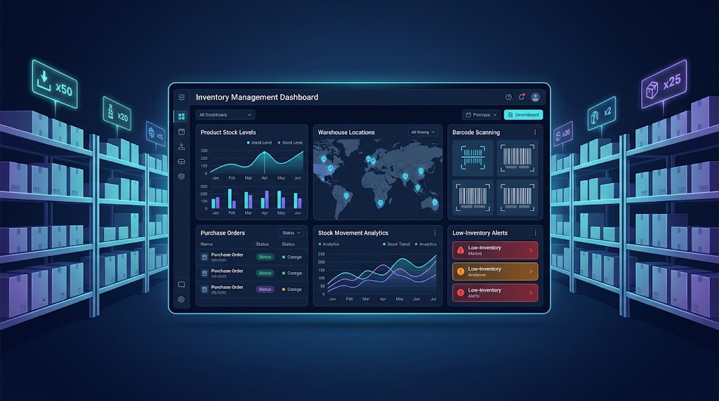 Futuristic inventory management software dashboard showing warehouse stock levels, barcode scanning, purchase orders, and inventory analytics for businesses in Qatar.