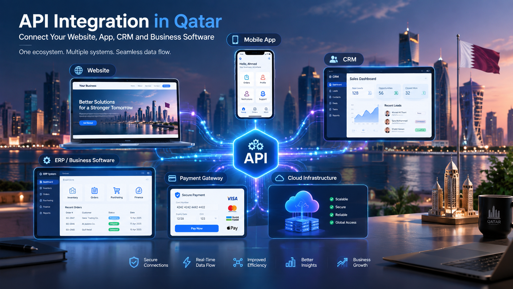 API integration connecting a website, mobile app, CRM, ERP and business software in Qatar