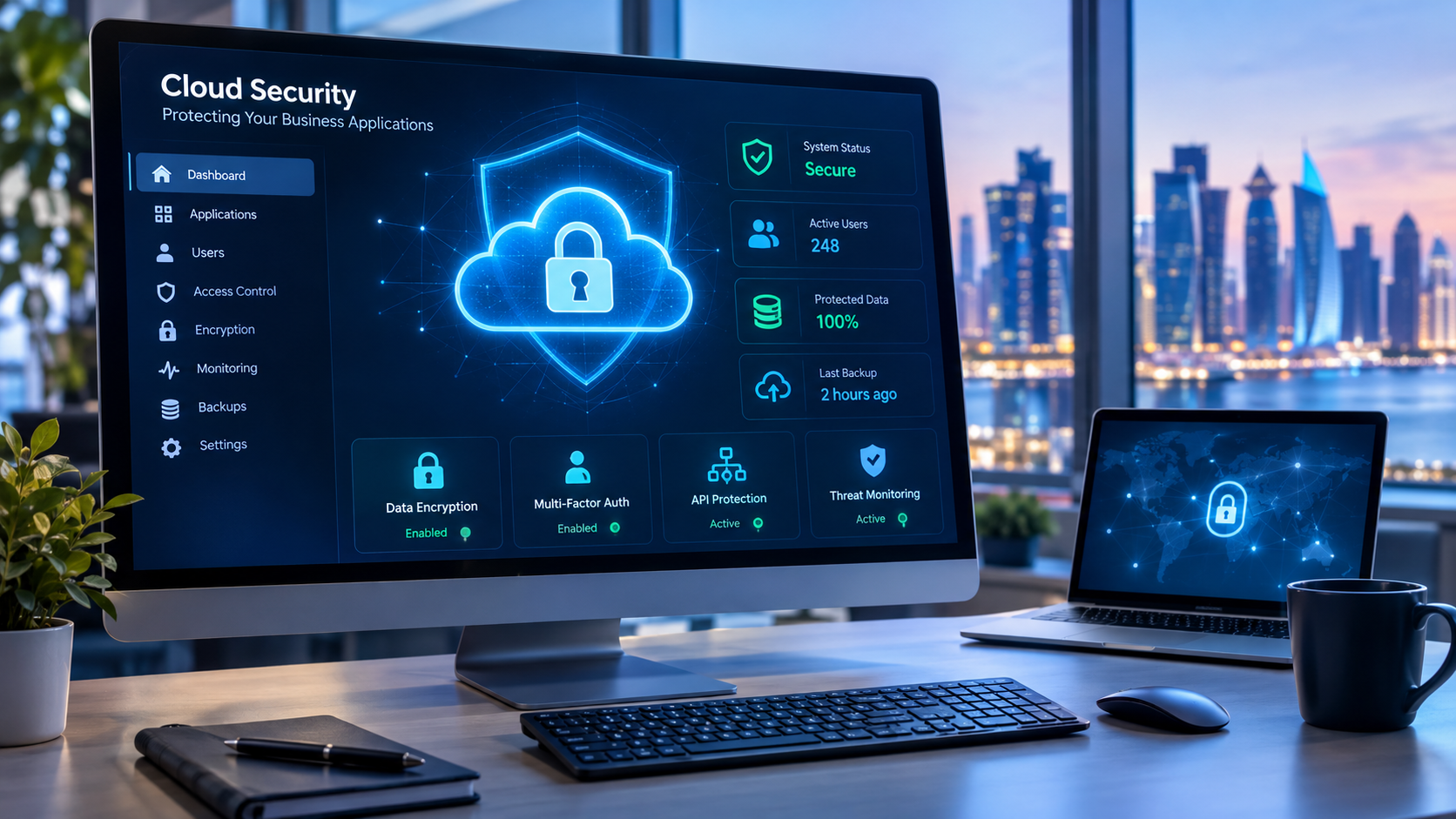 Cloud security dashboard protecting business applications, cloud data, user access, and digital infrastructure.
