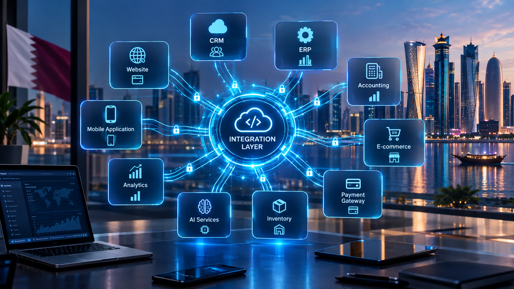 Software integration services in Qatar connecting CRM, ERP, accounting, website, mobile and business systems through APIs.