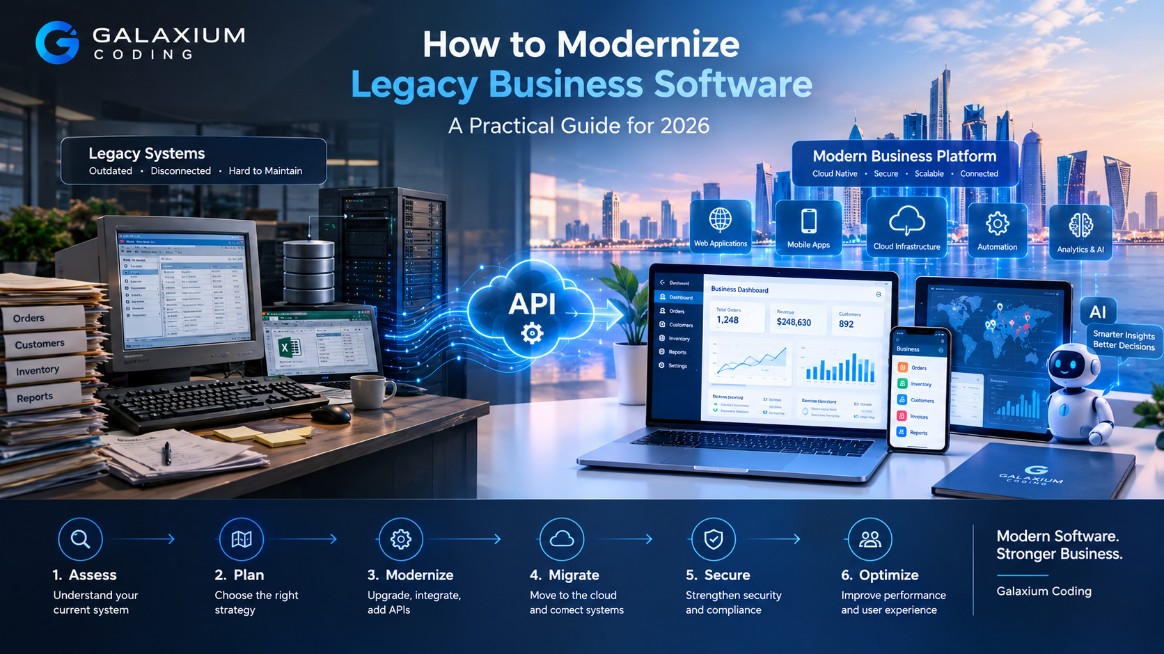 Legacy business software being modernized into a connected cloud-based business platform with APIs, web applications, mobile apps, automation, and modern infrastructure