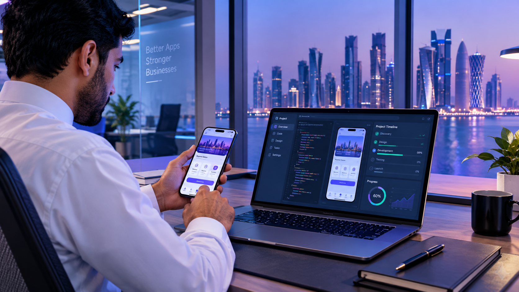 App developer in Qatar reviewing a mobile application design and development dashboard on a laptop and smartphone.