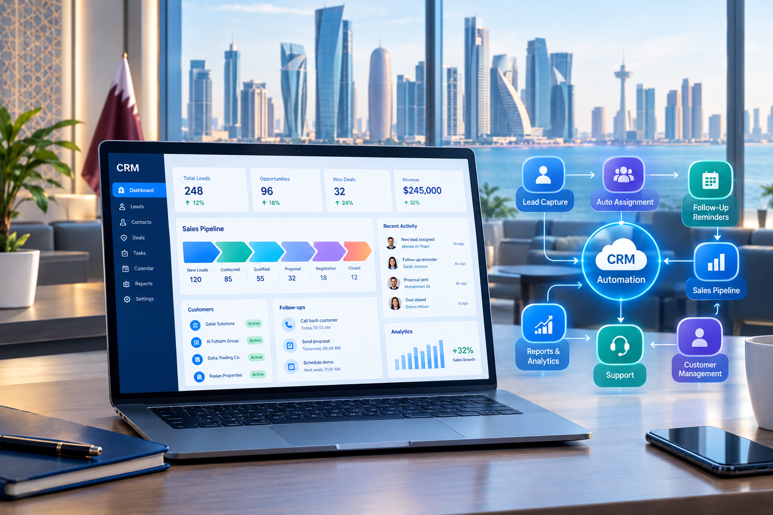 CRM automation dashboard showing automated leads, follow-ups, sales pipeline and customer management for businesses in Qatar.