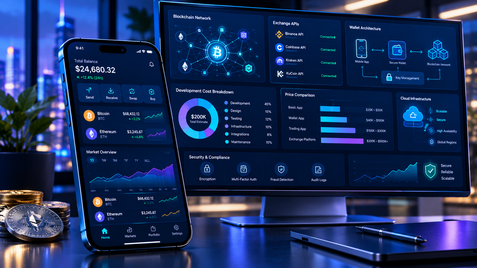 Crypto app development dashboard showing cryptocurrency prices, wallet features, blockchain integrations, and development cost planning.