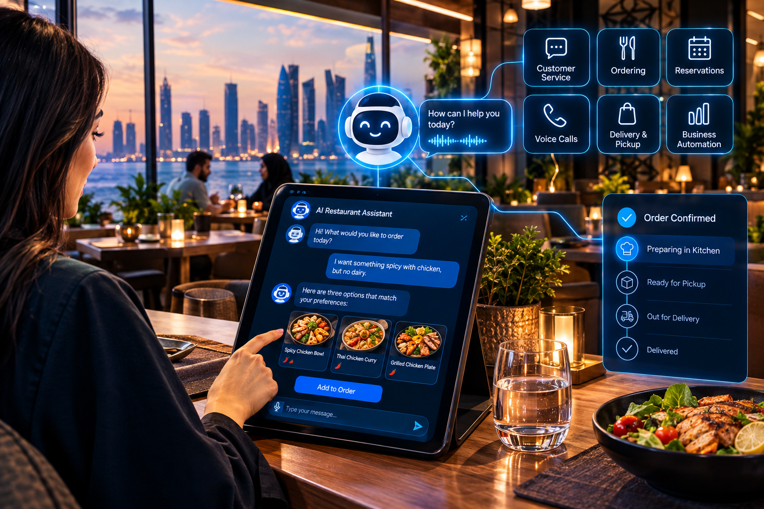 AI-powered restaurant ordering, customer service and business automation platform connecting customers, POS, kitchen and restaurant management systems