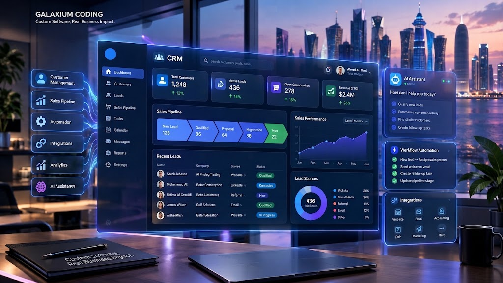 Custom CRM software dashboard showing customer management, sales pipeline, automation and business analytics