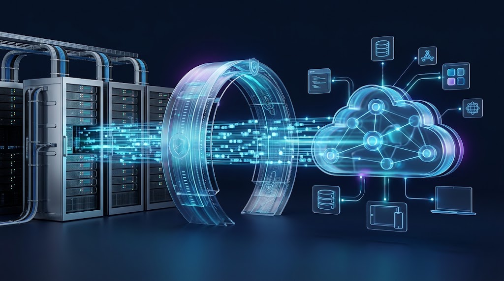 Futuristic cloud migration illustration showing business servers, databases, and applications moving to secure cloud infrastructure.