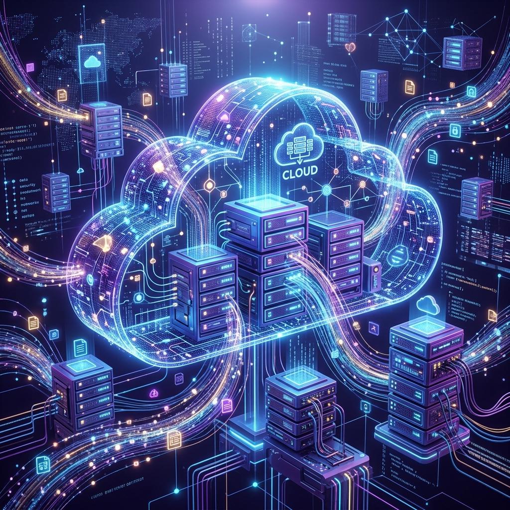 Futuristic cloud computing infrastructure connecting scalable servers, business applications, and digital networks.