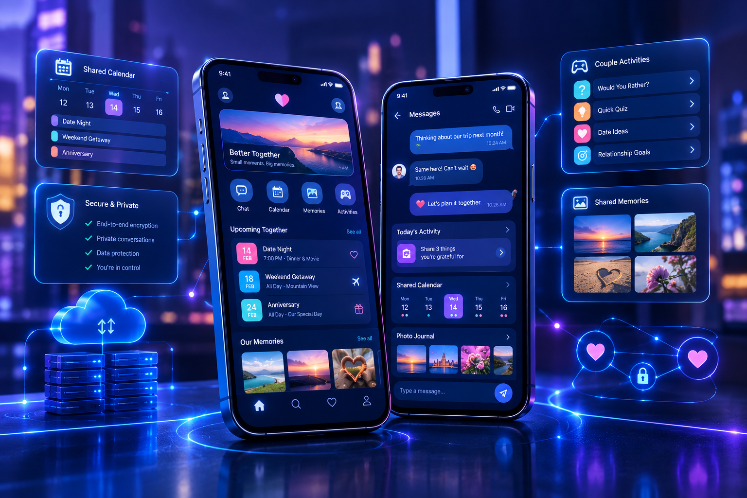 Two smartphones displaying couple app interfaces for messaging, shared calendars, relationship activities, and digital memories.