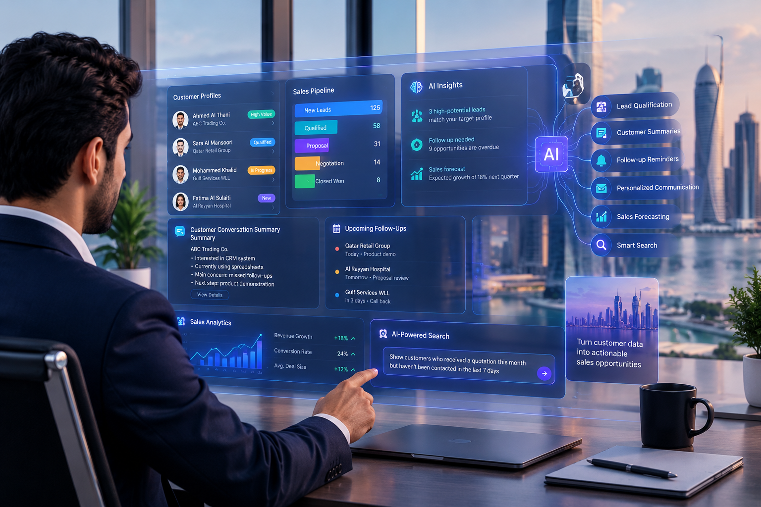 AI-powered CRM system improving customer management, sales insights, lead qualification and follow-ups