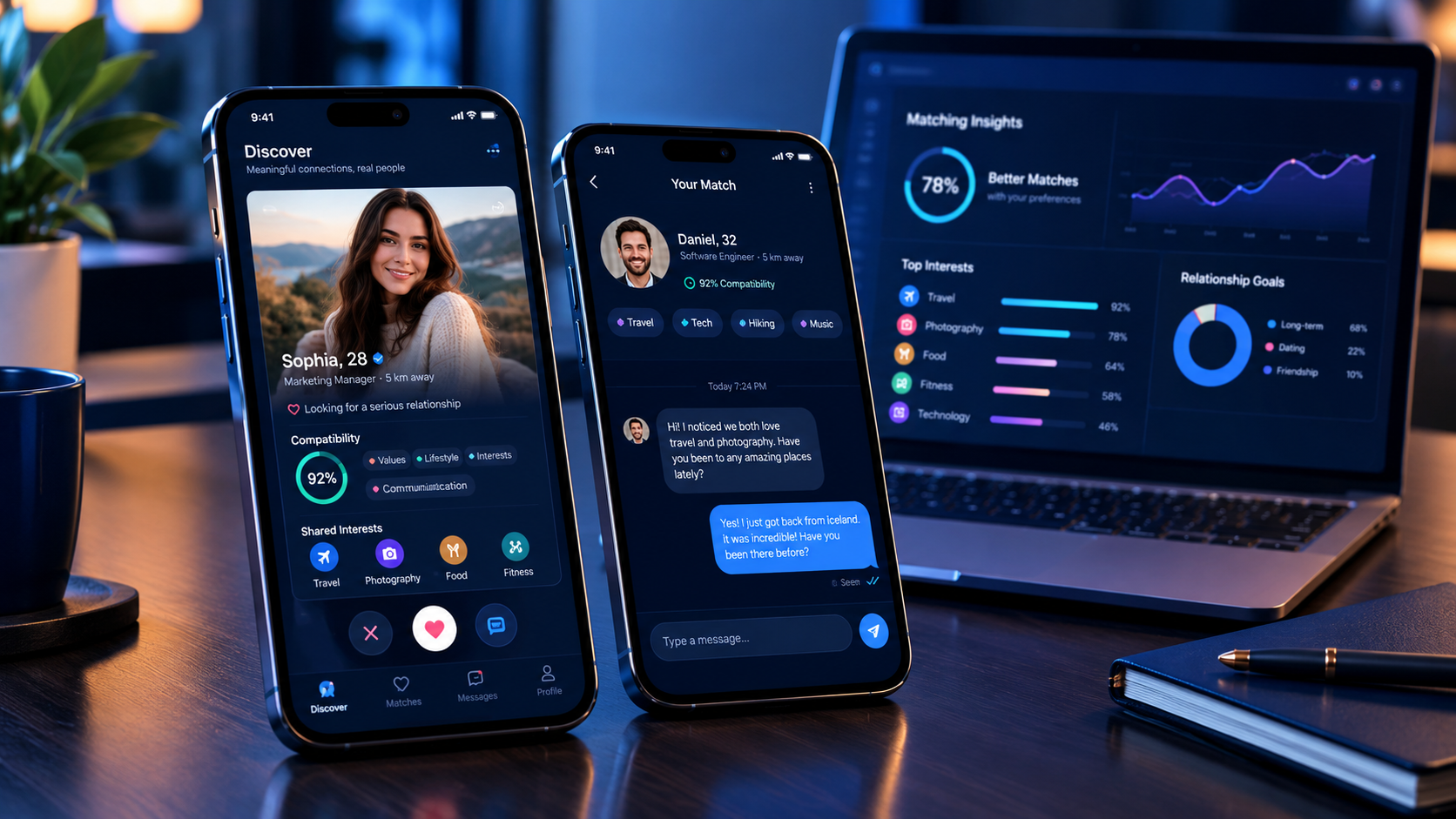 Two smartphones displaying dating app profiles, compatibility indicators, and conversation features for finding serious relationships in 2026.