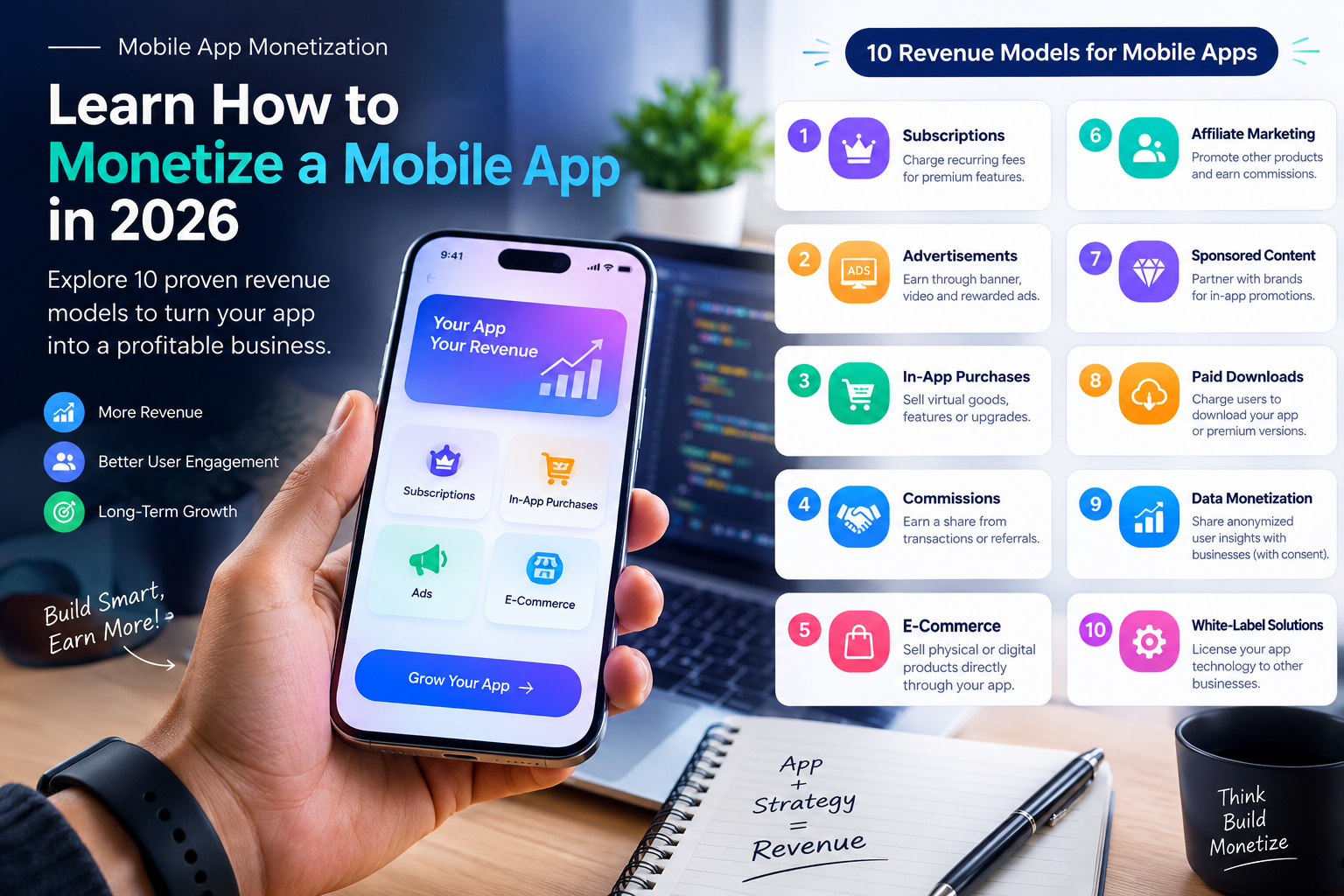 Mobile app monetization strategies showing subscriptions, digital purchases, advertising, e-commerce, and revenue analytics.
