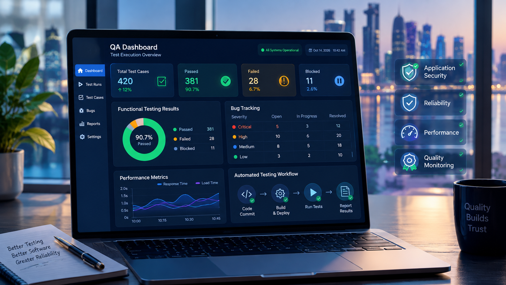 Laptop displaying a software QA dashboard with test results, bug tracking, performance monitoring, and automated testing indicators.