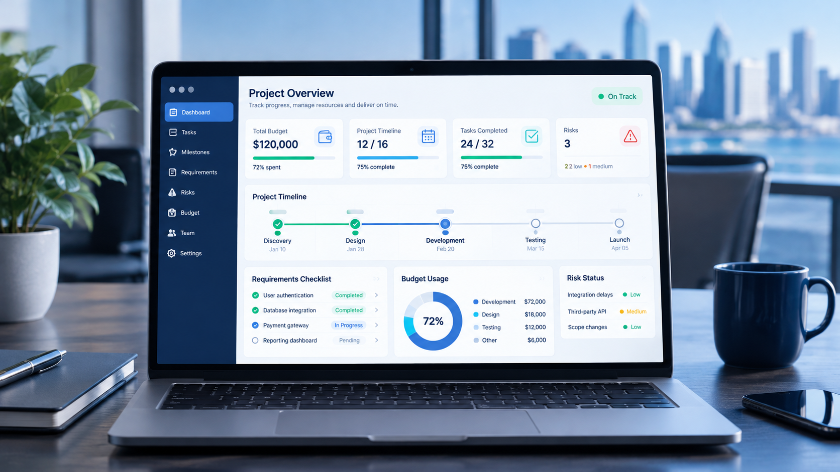 Laptop displaying a software project planning dashboard with development milestones, budget tracking, requirements, and risk management.