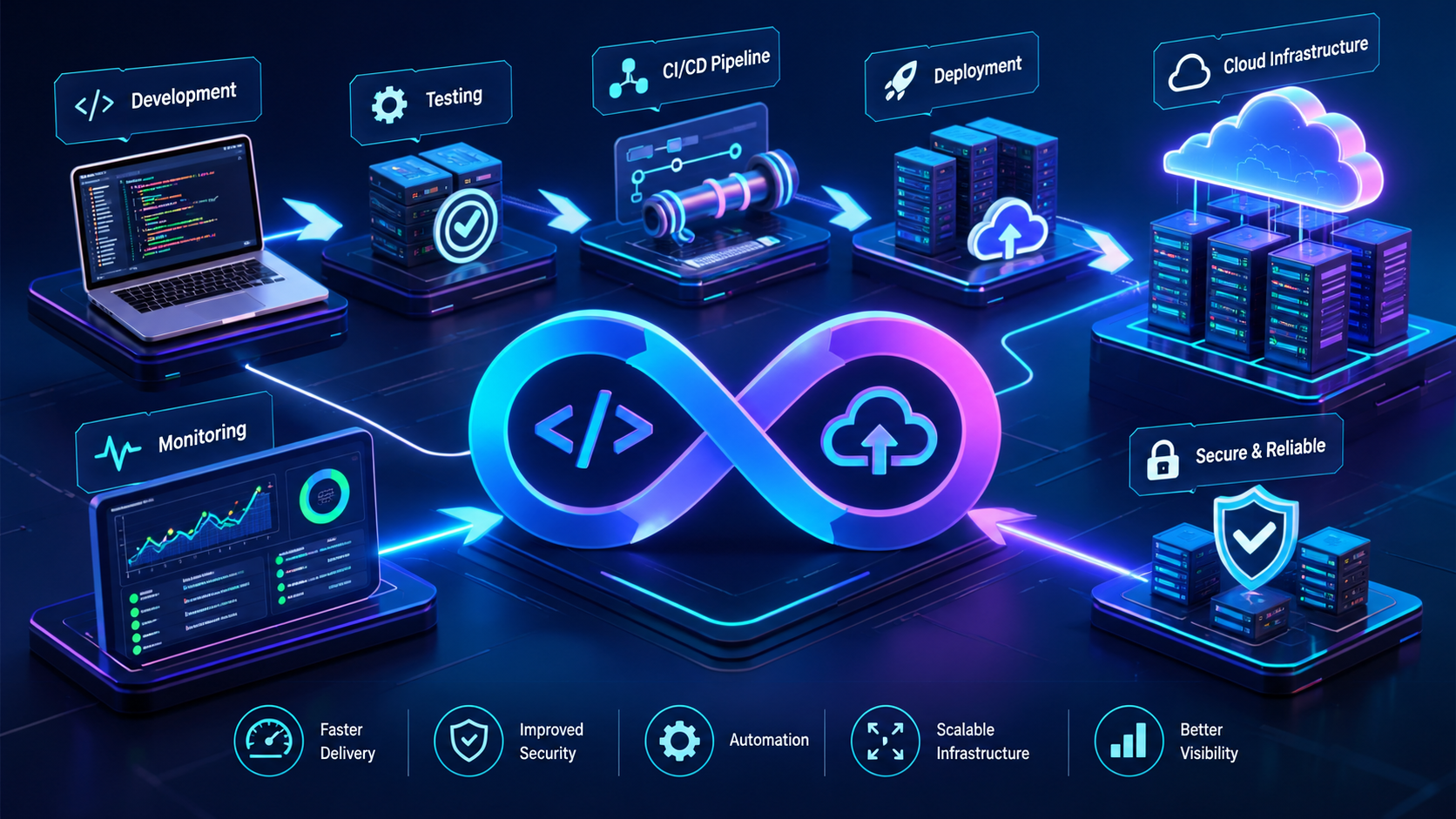 DevOps workflow connecting automated software testing, CI/CD pipelines, cloud deployment, and application monitoring