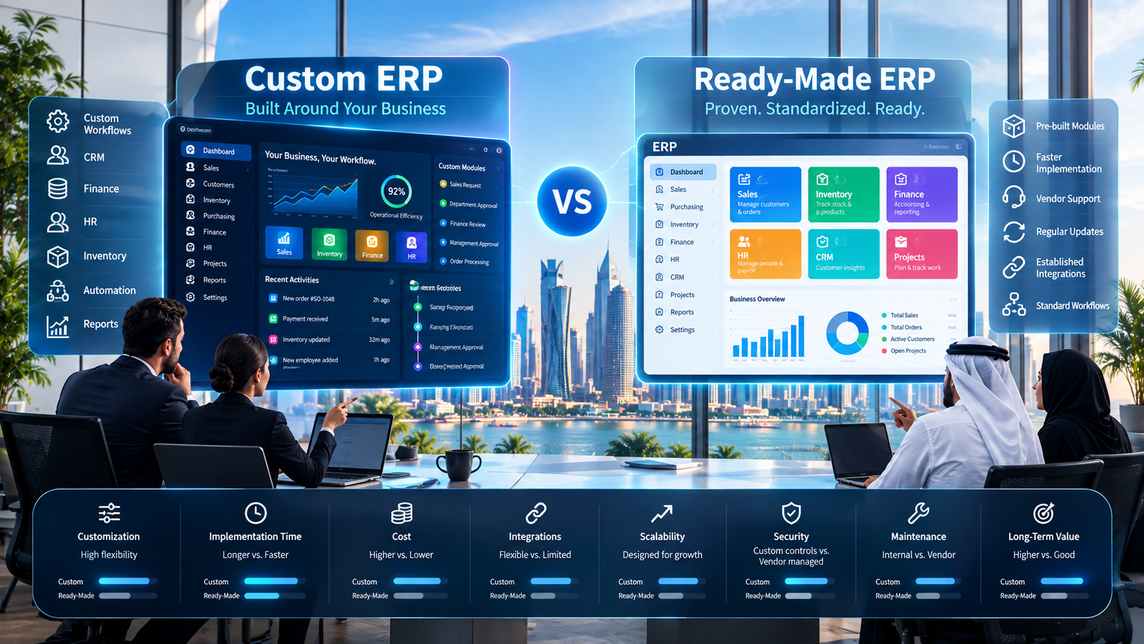 Custom ERP vs ready-made ERP comparison showing business software workflows, integrations and ERP modules