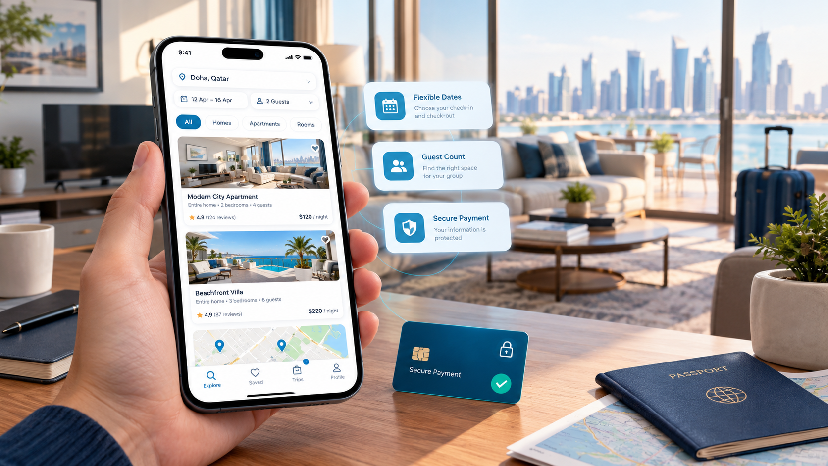 Smartphone displaying a vacation rental booking interface beside a modern apartment interior.