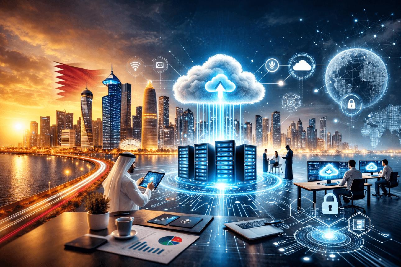 SaaS application development cost in Qatar in 2026, showing a software dashboard, cloud infrastructure, and subscription management.