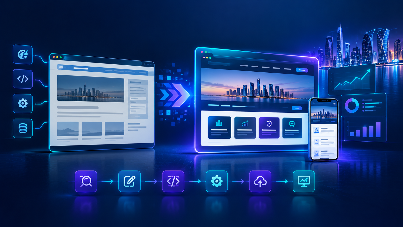 Modern corporate website redesign showing the transformation from an outdated interface to a responsive business website.