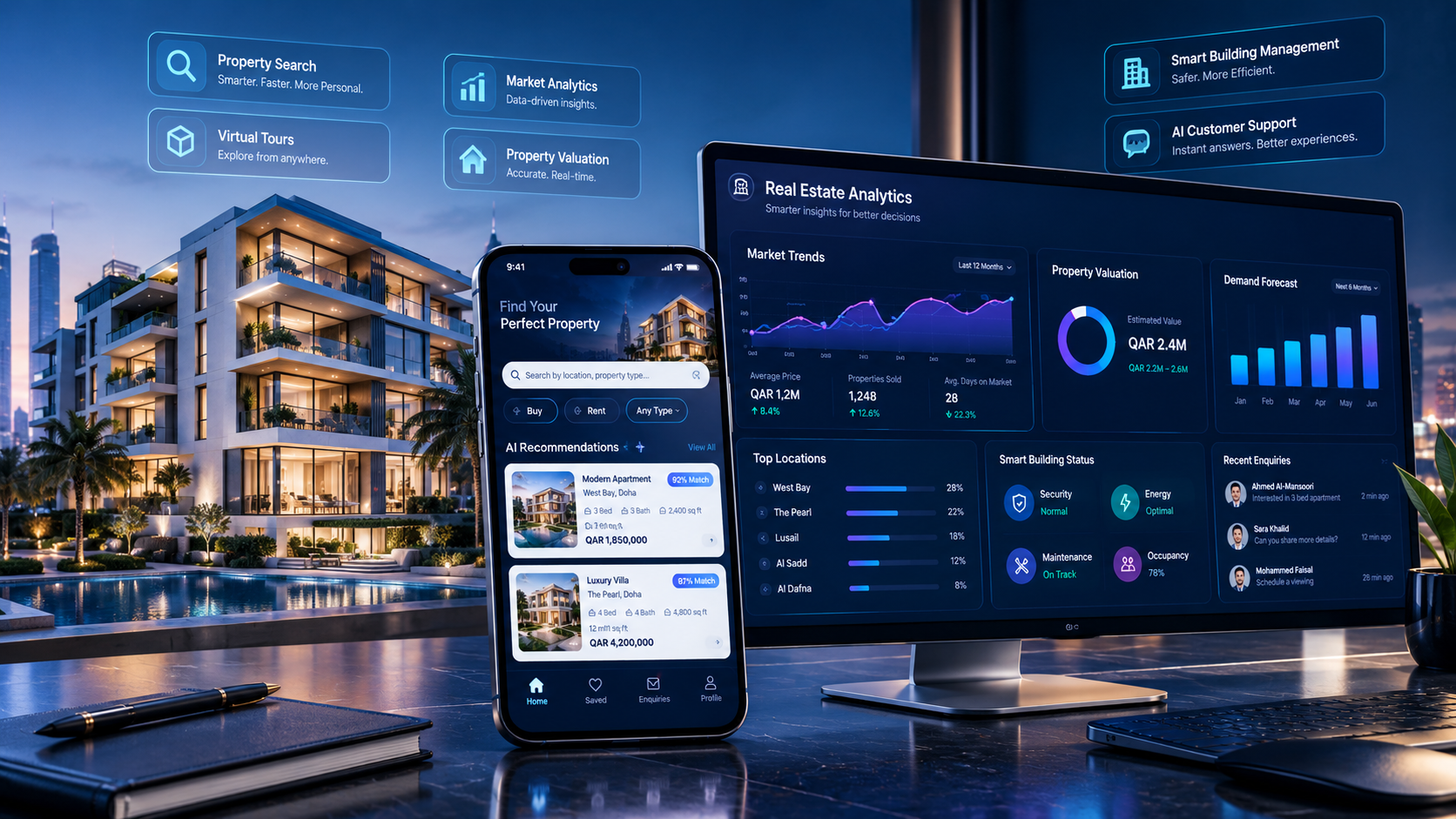 AI-powered real estate analytics dashboard showing property listings, market trends, property valuation, and smart building management in 2026.