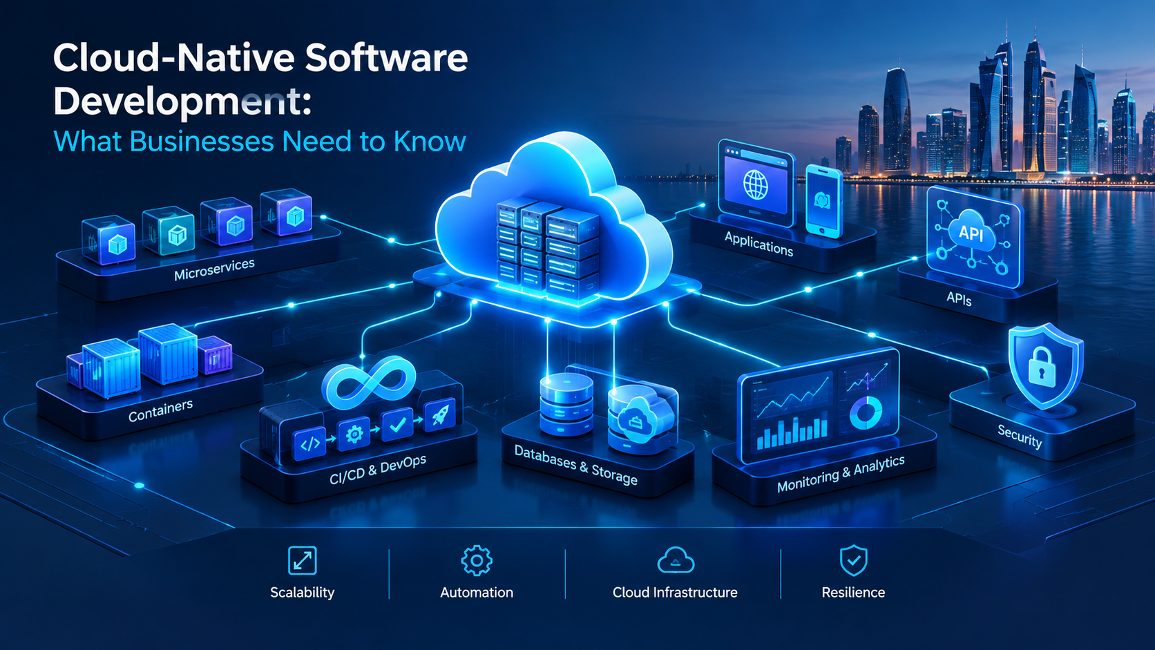 Cloud-native software architecture connecting cloud infrastructure, applications, APIs, databases and DevOps systems