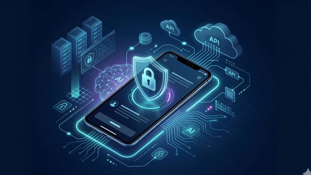 Futuristic smartphone protected by a digital shield with encrypted data, secure API connections, and cloud infrastructure.
