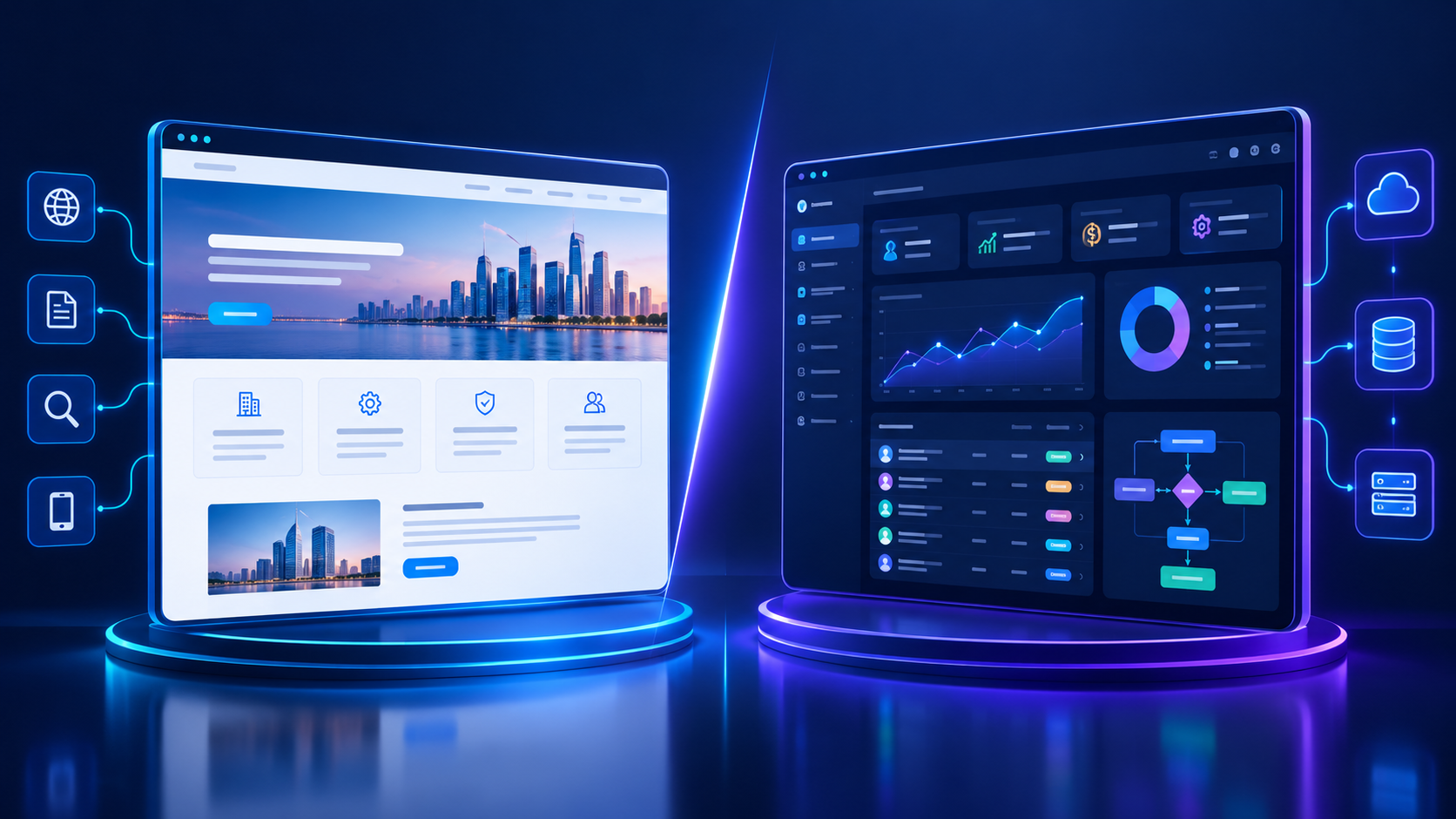 Custom web application vs website comparison showing a corporate website and an interactive business dashboard.