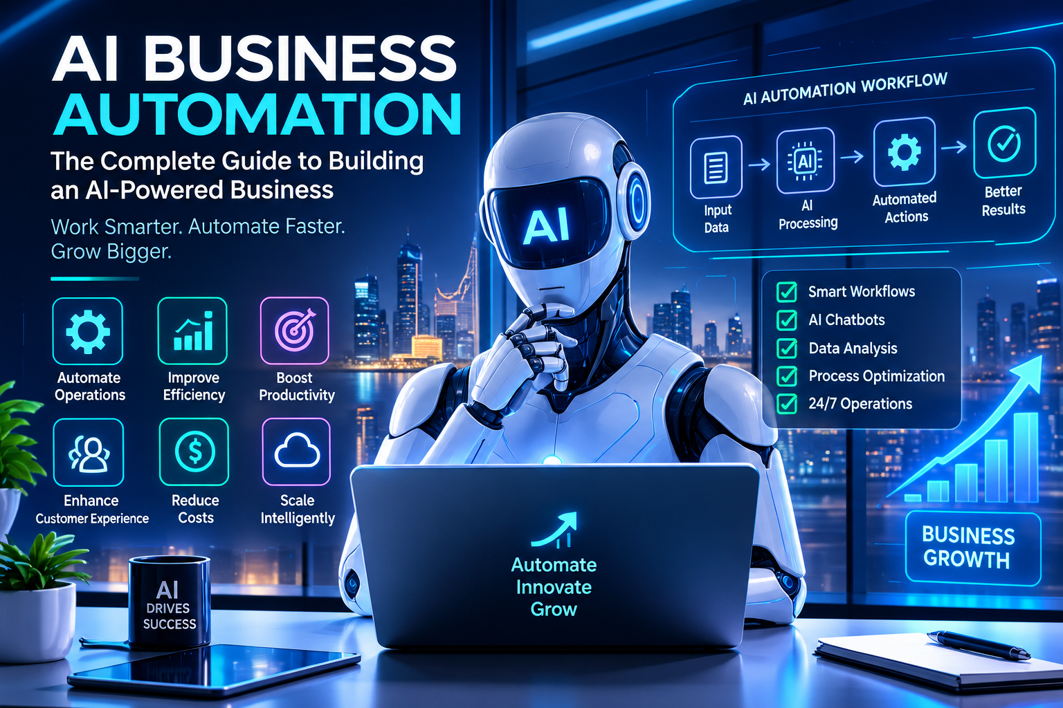 AI-powered business automation system connecting CRM, ERP, cloud, AI agents, APIs and business workflows