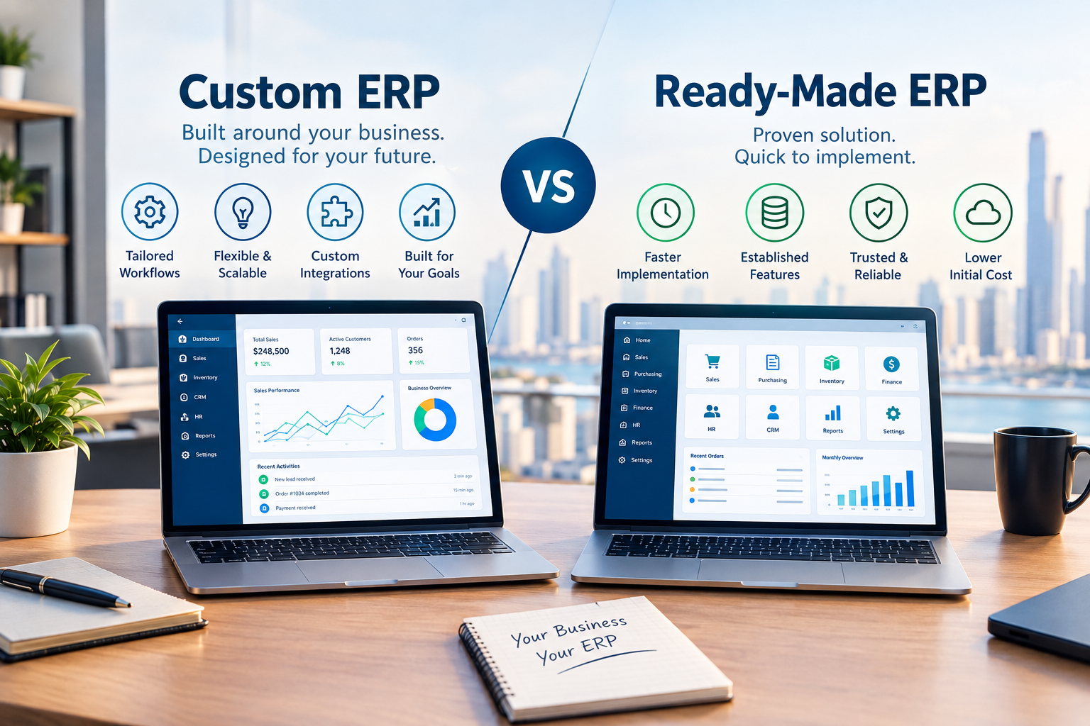 Custom ERP vs ready-made ERP comparison showing two ERP business software approaches