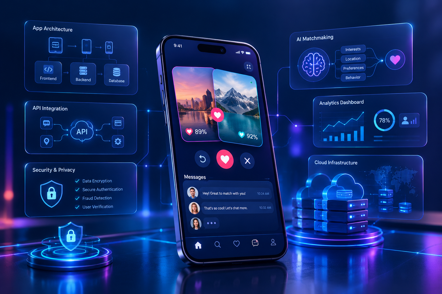 Smartphone displaying a dating app interface alongside digital matching, mobile development, and cloud technology elements.